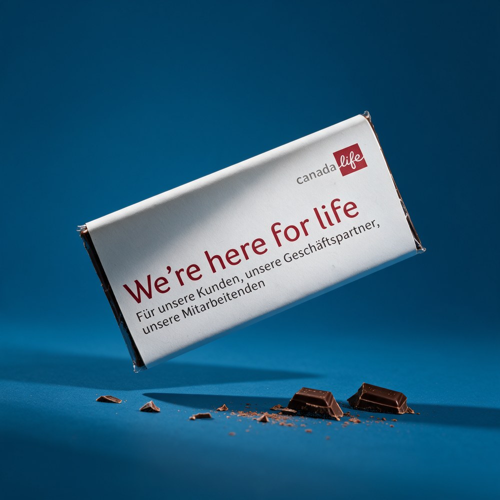 Logo Schokolade: Firmenschokolade mit individueller Banderole im Corporate Design (Canada Life)