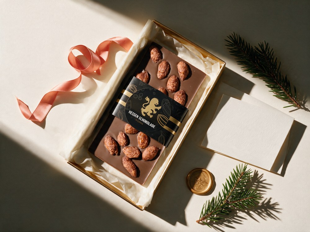 Schokoladengeschenk in Geschenkbox mit Seidenpapier, Gru&szlig;karte und Band