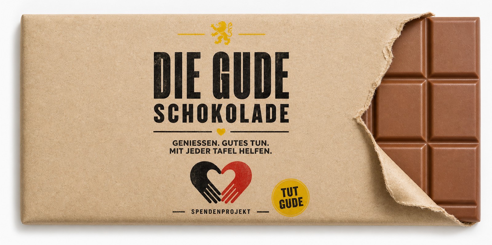 Muster der GUDE Spenden-Schokolade in Kraftpapier &ndash; Geniessen. Gutes tun. Mit jeder Tafel helfen.