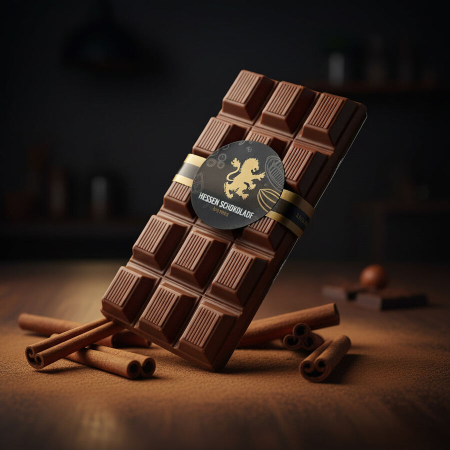 GUDE Weihnachtsschokolade neben Zimtstangen auf dunklem Holz